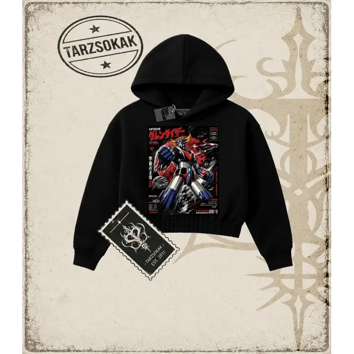 Goldorak Anime Baskılı Kadın Crop Kapşonlu Sweatshirt