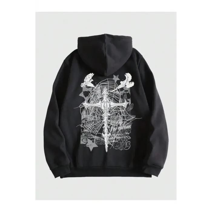 Goth Guys Cross Print Drawstring Lined Hoodie Siyah