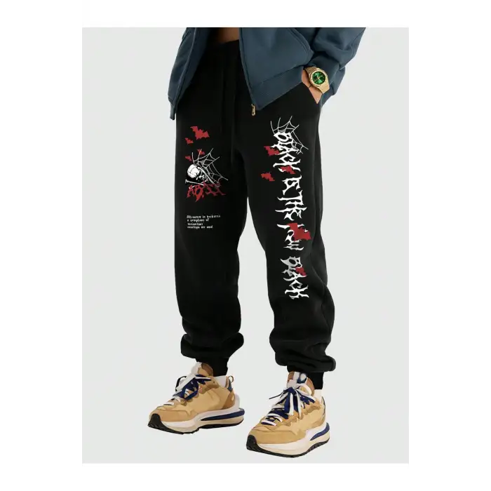 Goth Guys Skull & Slogan Graphic Drawstring Waist Eşofman Altı