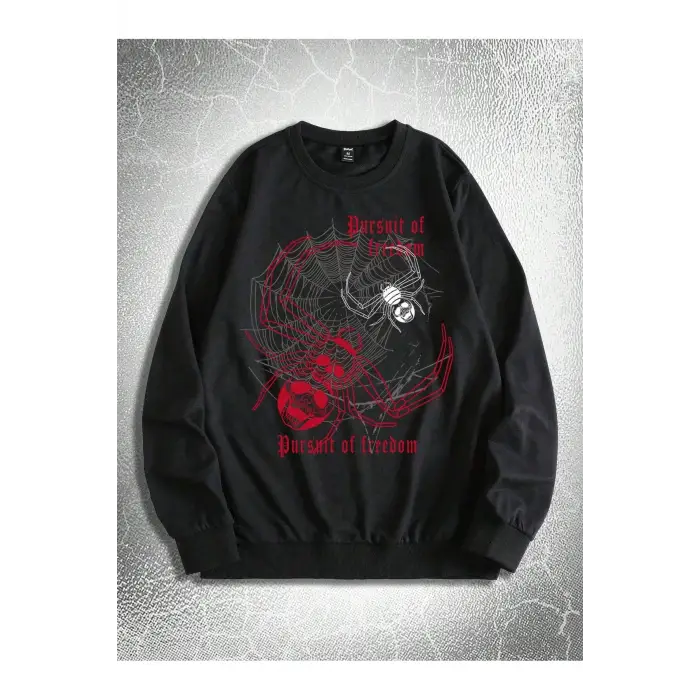 Goth Guys Slogan & Skull Print Pullover Siyah