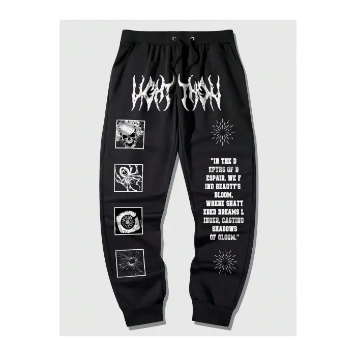 Goth Guys Slogan & Skull & Spider Graphic Drawstring Waist Eşofman Altı