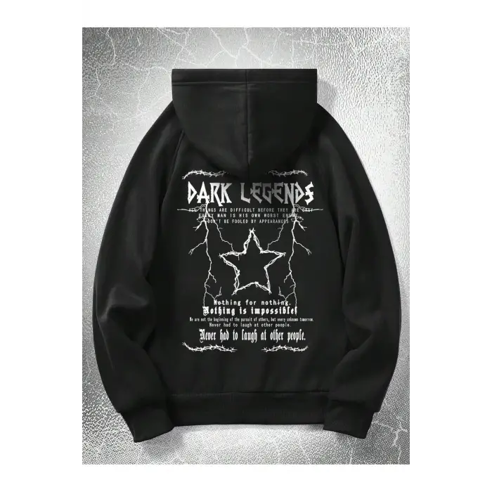 Goth Guys Star & Slogan Graphic Raglan Sleeve Drawstring Hoodie Siyah