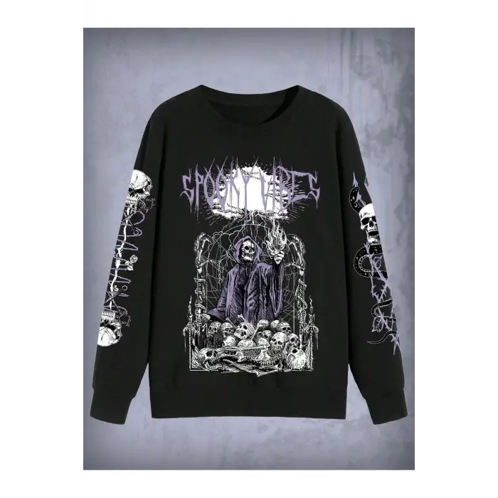 Goth Letter & Skull Print Sweatshirt Siyah