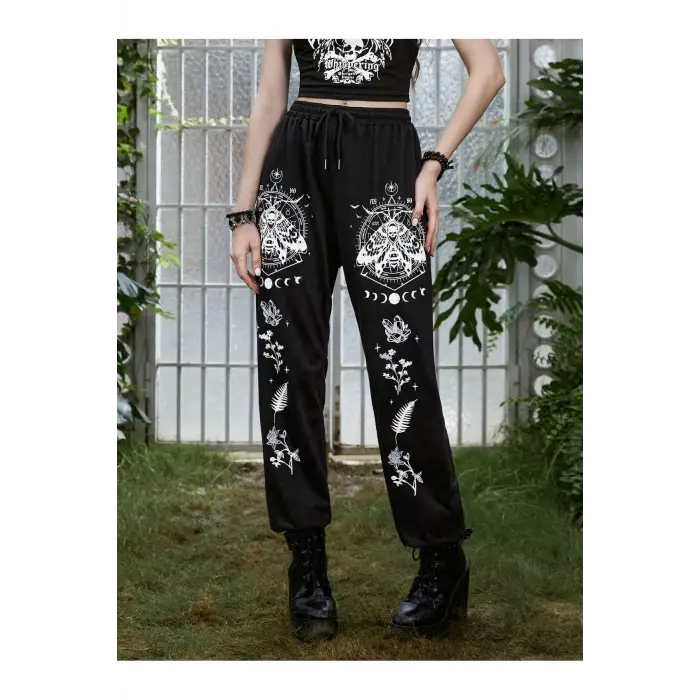 Goth Skull Graphic Drawstring Waist 4 Mevsim Eşofman