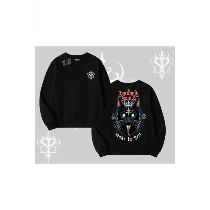 Gothic Cat Made in Hell Baskılı Sweatshirt Biskilet Sweatshirt