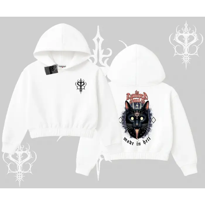 Gothic Cat Made in Hell Baskılı Sweatshirt Kapşonlu Crop Sweatshirt