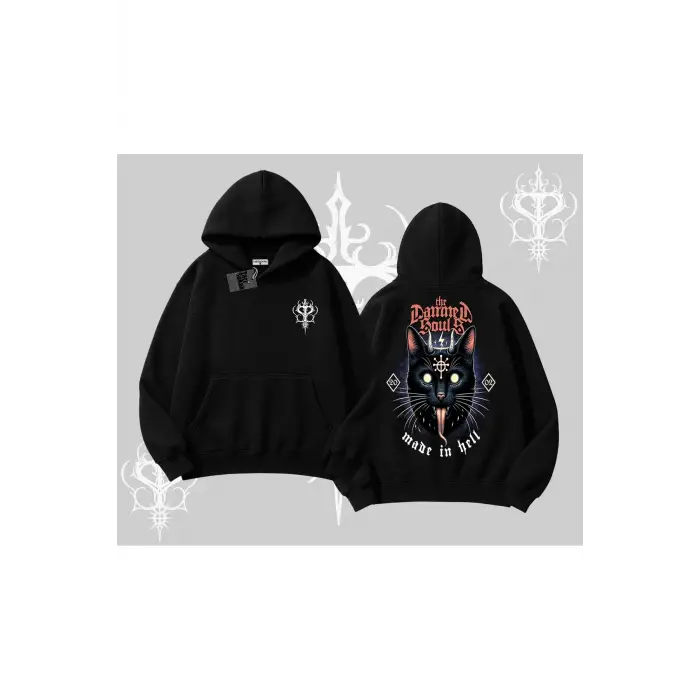 Gothic Cat Made in Hell Baskılı Sweatshirt Kapşonlu Sweatshirt