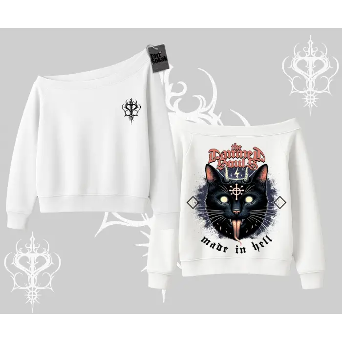 Gothic Cat Made in Hell Baskılı Sweatshirt Kayık Yaka Sweatshirt