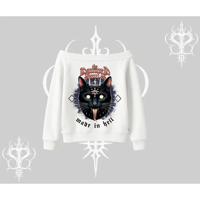 Gothic Cat Made in Hell Baskılı Sweatshirt Kayık Yaka Sweatshirt