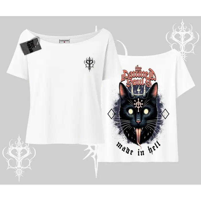 Gothic Cat Made in Hell Baskılı Sweatshirt Kayık Yaka Tshirt