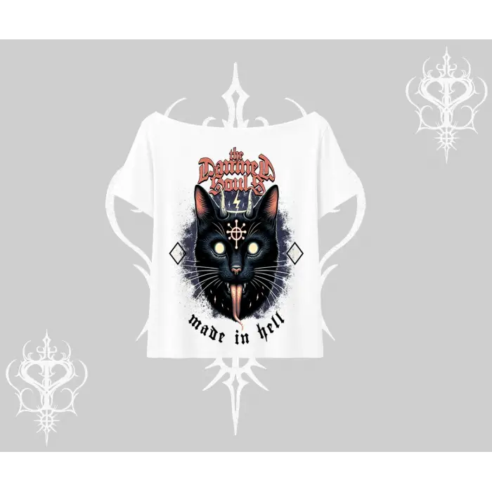 Gothic Cat Made in Hell Baskılı Sweatshirt Kayık Yaka Tshirt