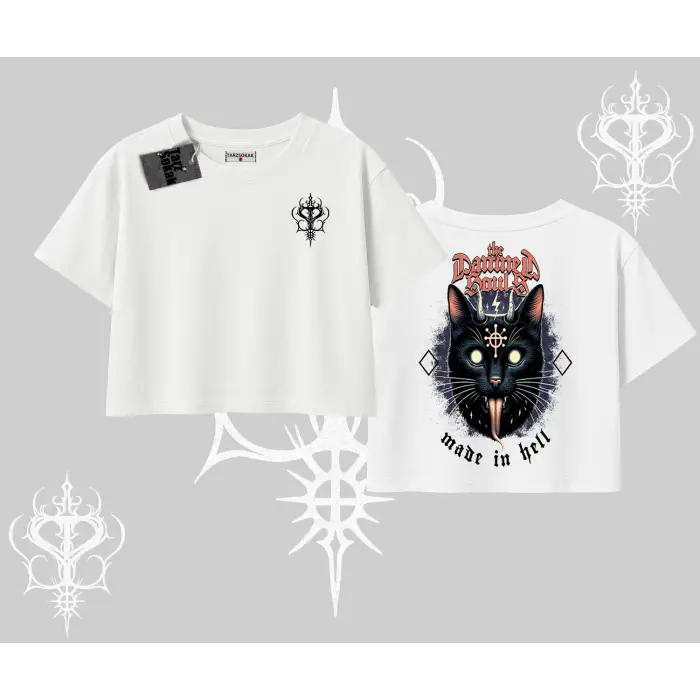Gothic Cat Made in Hell Baskılı Sweatshirt Oversize Crop Tshirt