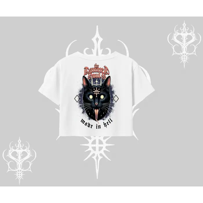 Gothic Cat Made in Hell Baskılı Sweatshirt Oversize Crop Tshirt