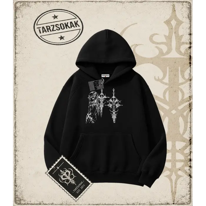 Gotik & Grunge STREETWEAR Anime Sword Gotik Y2K Kapşonlu Sweatshirt