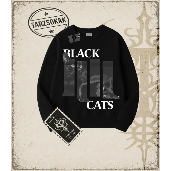 Gotik & Grunge STREETWEAR BLACK CATS Bisiklet Yaka Sweatshirt