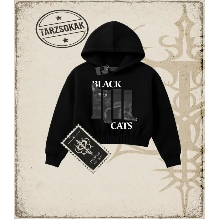 Gotik & Grunge STREETWEAR BLACK CATS Crop Kapşonlu Sweatshirt
