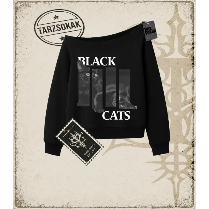 Gotik & Grunge STREETWEAR BLACK CATS Kayık Yaka Sweatshirt