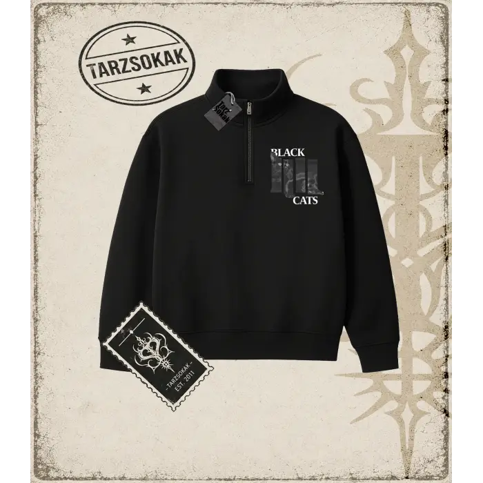 Gotik & Grunge STREETWEAR BLACK CATS Yarım Fermuarlı Sweatshirt