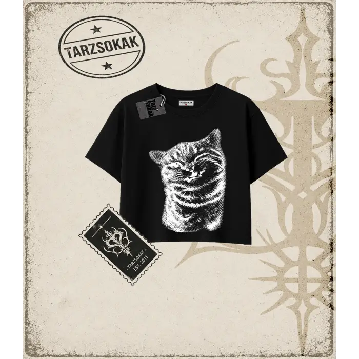 Gotik & Grunge STREETWEAR Cat Gotik Y2K Crop Tişört