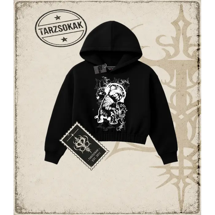 Gotik & Grunge STREETWEAR CAT RETRO (1) Crop Kapşonlu Sweatshirt