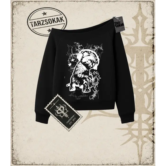 Gotik & Grunge STREETWEAR CAT RETRO (1) Kayık Yaka Sweatshirt