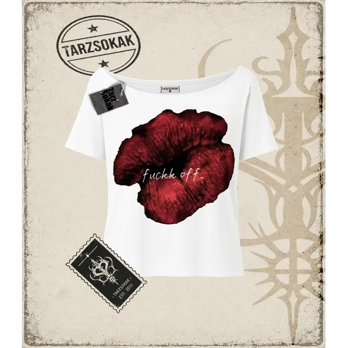 Gotik & Grunge STREETWEAR LIPS OFF Kayık Yaka Tişört