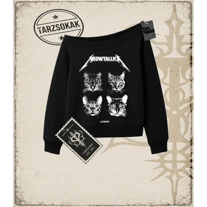 Gotik & Grunge STREETWEAR MEOWTALLICA Kayık Yaka Sweatshirt