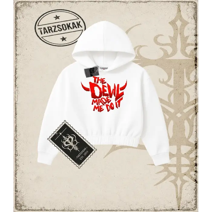 Gotik & Grunge STREETWEAR THE DEVIL MADE ME DO IT Crop Kapşonlu Sweatshirt