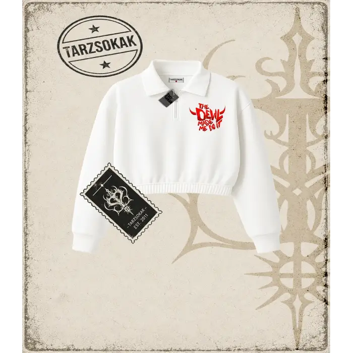 Gotik & Grunge STREETWEAR THE DEVIL MADE ME DO IT Yarım Fermuarlı Crop  Sweatshirt