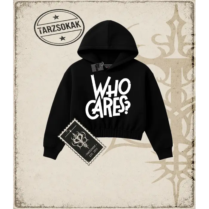 Gotik & Grunge STREETWEAR WHO CARES Crop Kapşonlu Sweatshirt