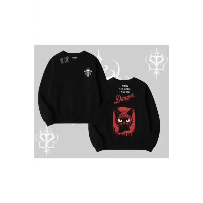 Gotik Kedi Arka Baskılı Biskilet Sweatshirt