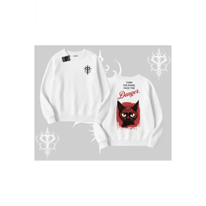 Gotik Kedi Arka Baskılı Biskilet Sweatshirt