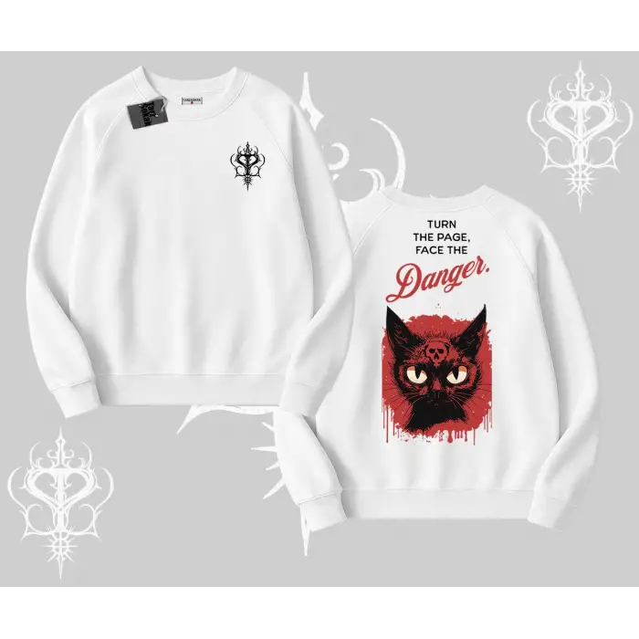 Gotik Kedi Arka Baskılı Biskilet Sweatshirt
