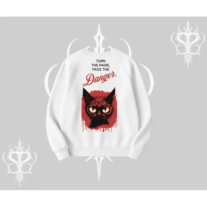 Gotik Kedi Arka Baskılı Biskilet Sweatshirt