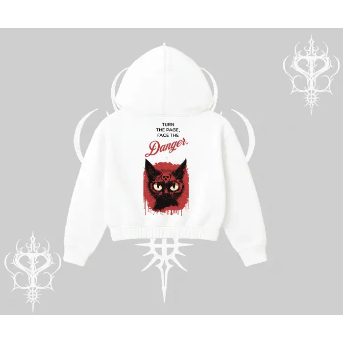 Gotik Kedi Arka Baskılı Kapşonlu Crop Sweatshirt