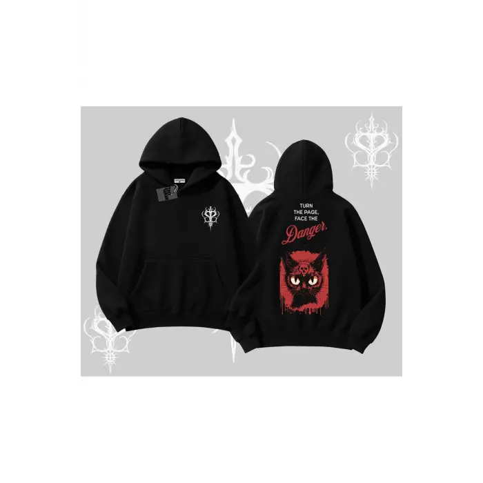 Gotik Kedi Arka Baskılı Kapşonlu Sweatshirt