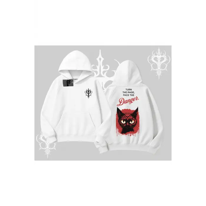 Gotik Kedi Arka Baskılı Kapşonlu Sweatshirt