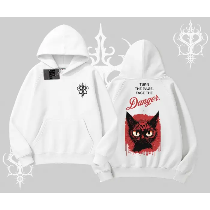 Gotik Kedi Arka Baskılı Kapşonlu Sweatshirt