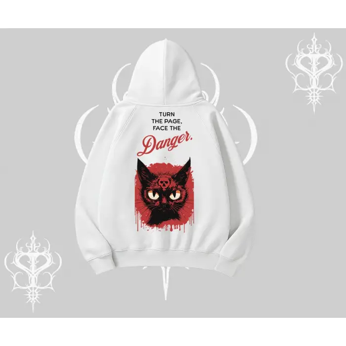 Gotik Kedi Arka Baskılı Kapşonlu Sweatshirt