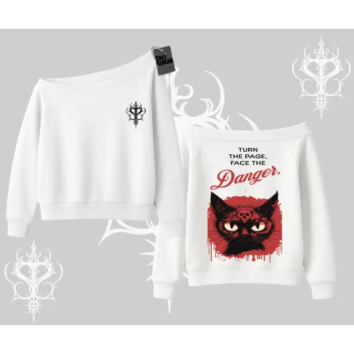 Gotik Kedi Arka Baskılı Kayık Yaka Sweatshirt