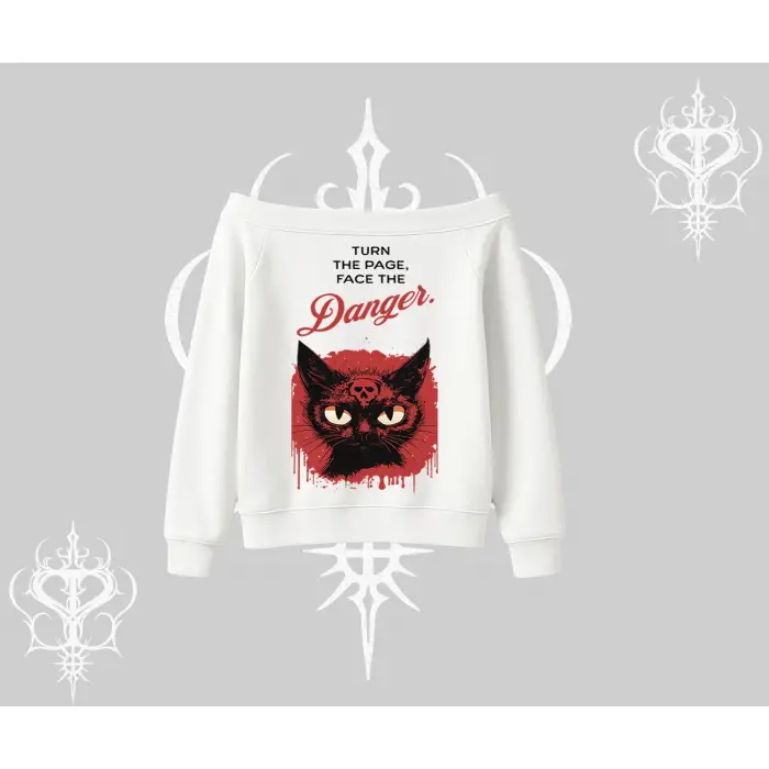 Gotik Kedi Arka Baskılı Kayık Yaka Sweatshirt
