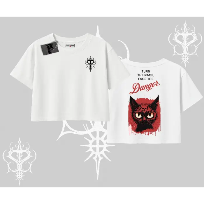 Gotik Kedi Arka Baskılı Oversize Crop Tshirt