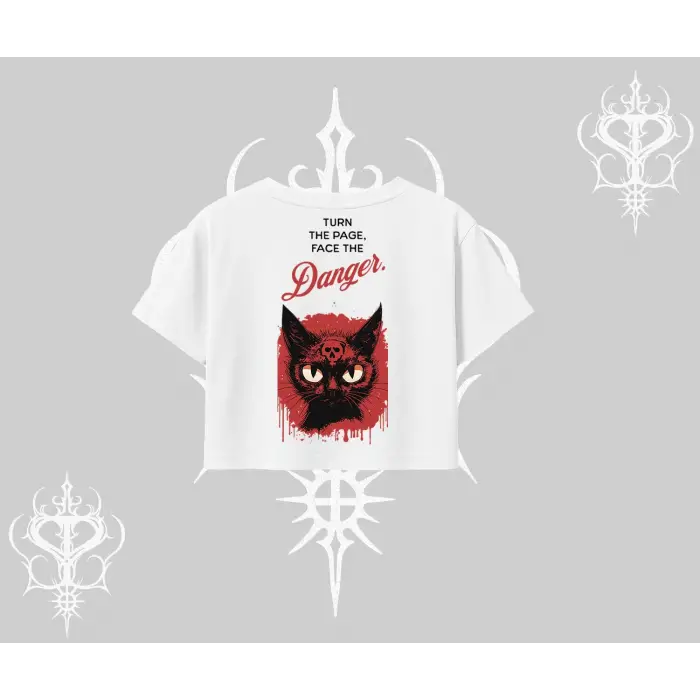 Gotik Kedi Arka Baskılı Oversize Crop Tshirt