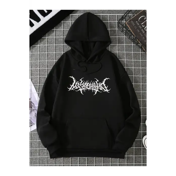 Graphic Print Kangaroo Pocket Drawstring Hoodie Siyah
