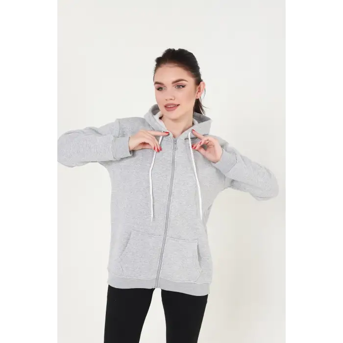 Gri Kapüşonlu Fermuarlı Sweatshirt