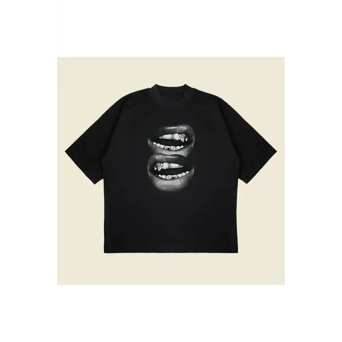 Grillz Teeth Baskılı Oversize Unisex Pamuklu Nefes Alan Kalın Kumaşlı