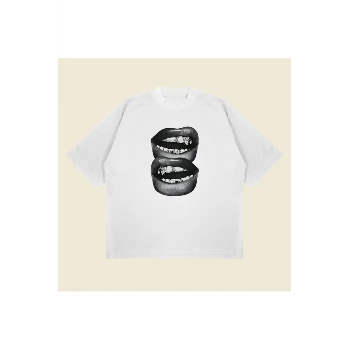 Grillz Teeth Baskılı Oversize Unisex Pamuklu Nefes Alan Kalın Kumaşlı