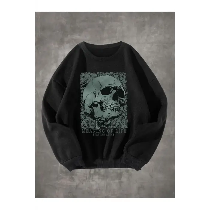 Grunge Punk Skull & Letter Graphic Sweatshirt Siyah