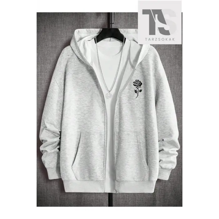 Gül Sweatshirt Fermuarlı Hırka Gri