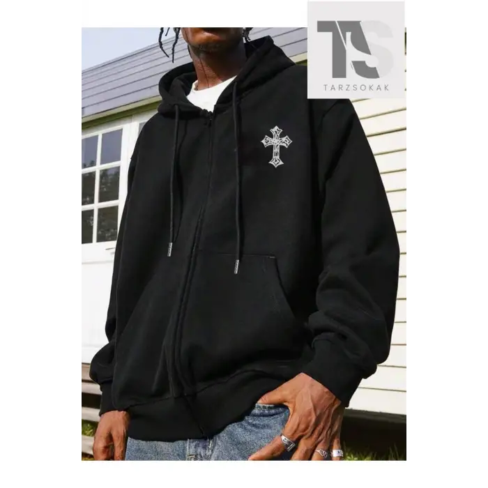 Haç Sembol Sweatshirt Fermuarlı Hırka Siyah